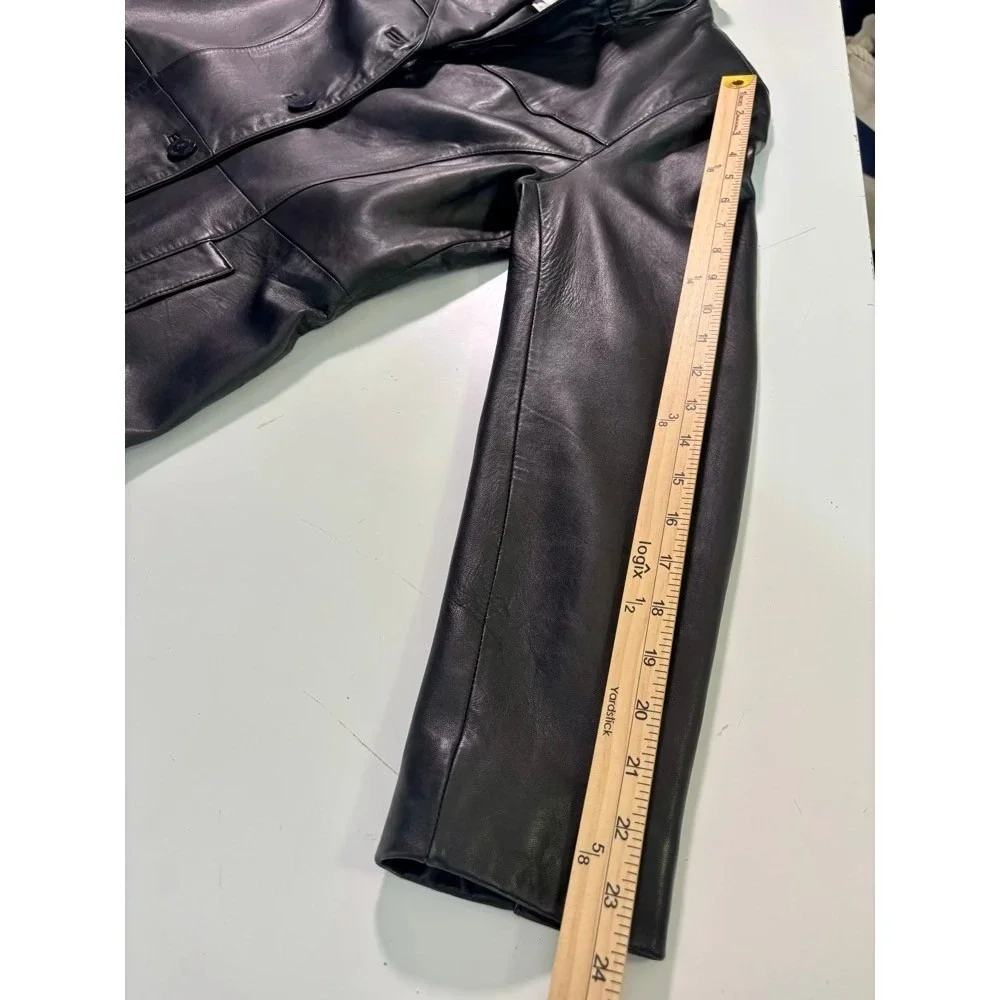 Genuine Leather Womans Black Button Front‎ Blazer Coat Size M Mob Wife Moto Edgy
